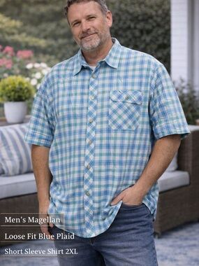 Magellan loose fit Blue Plaid Short Sleeve Shirt 2XL